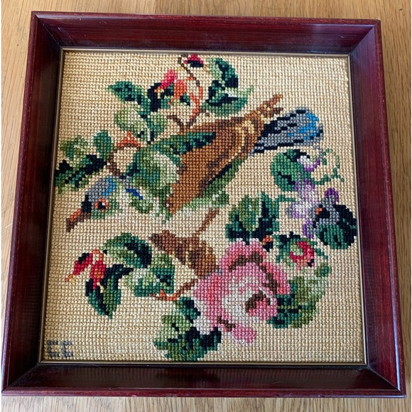 Vintage bird needlepoint framed art with hanging wire - so charming - Picture 2 of 5